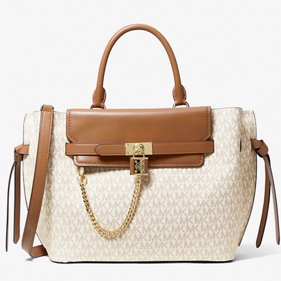 Authentic Michael Kors Hamilton Legacy Large Logo Belted Satchel Vanilla/Acorn